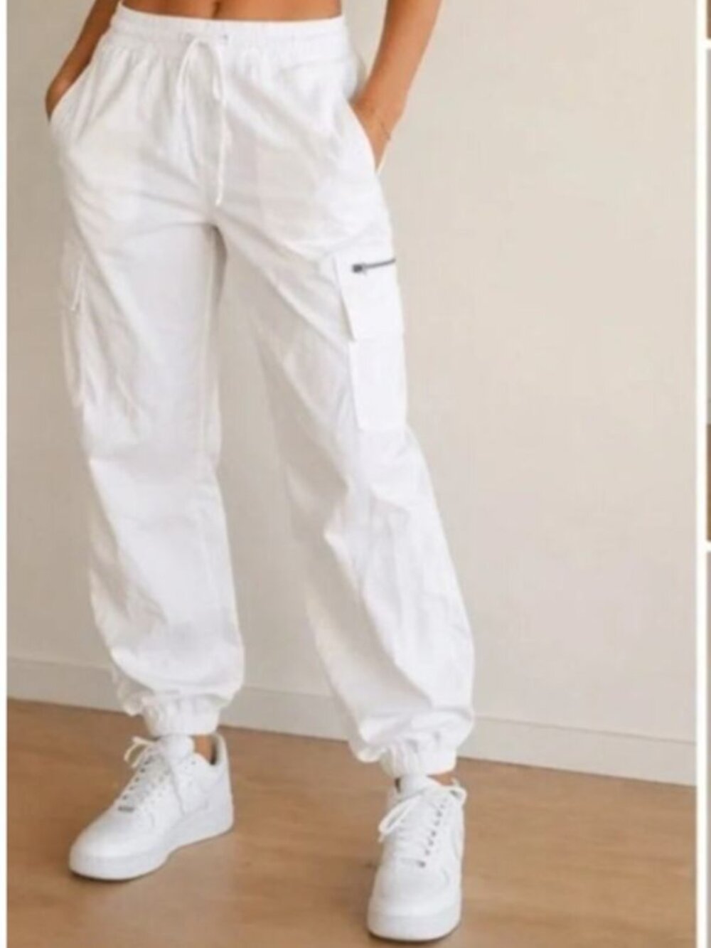 HOLLISTER Adjustable Rise Parachute Baggy Pants White Pockets Drawstring M Short